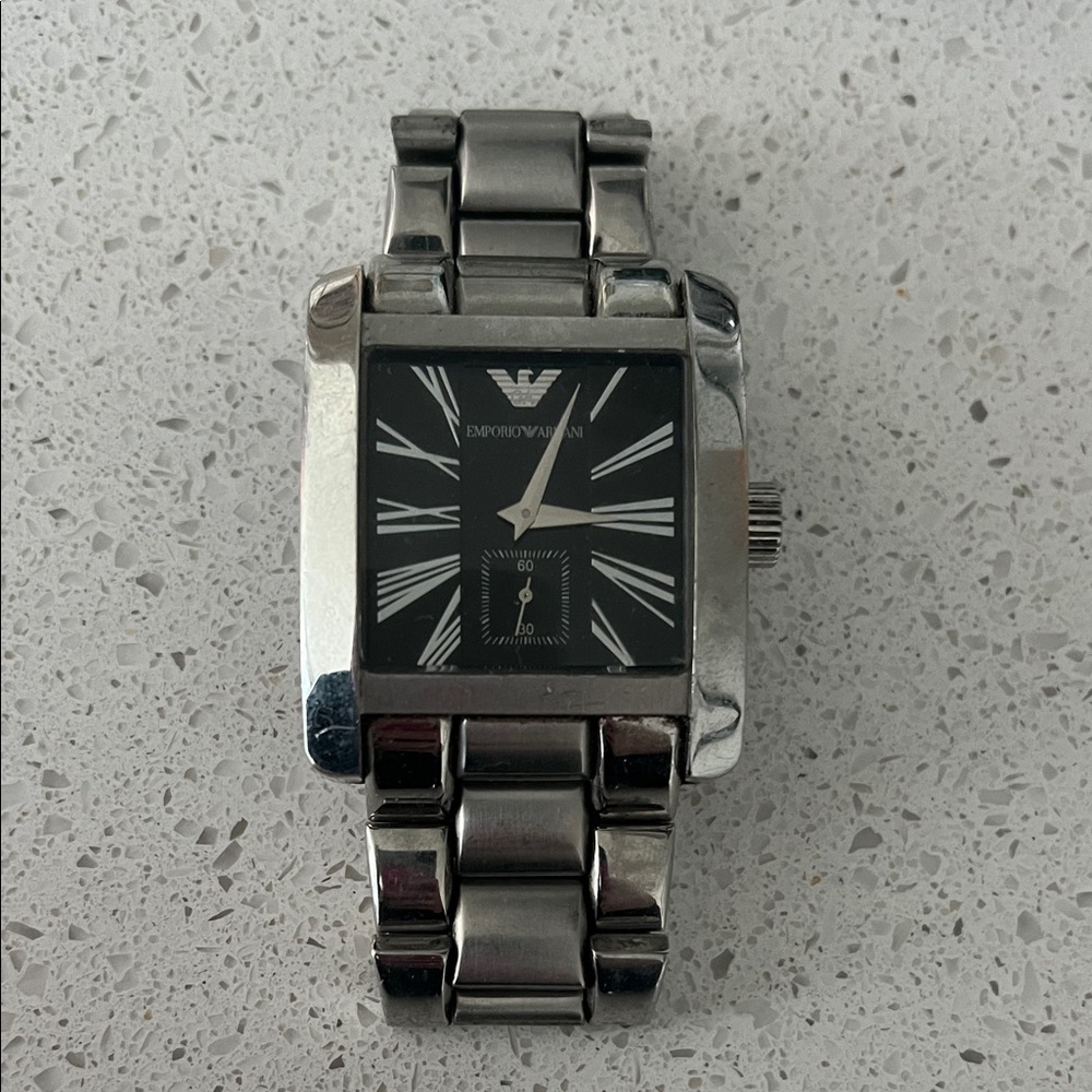 Emporio Armani Silver and Black Rectangular Watch
